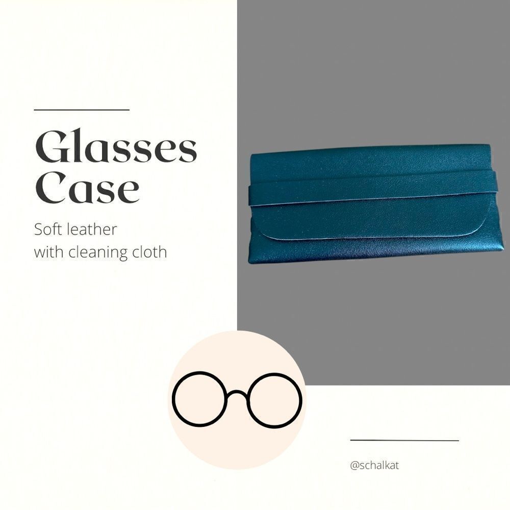 Glasses Case fits many sizes. Black Leather. Soft Interior. With Cleaning Cloth
